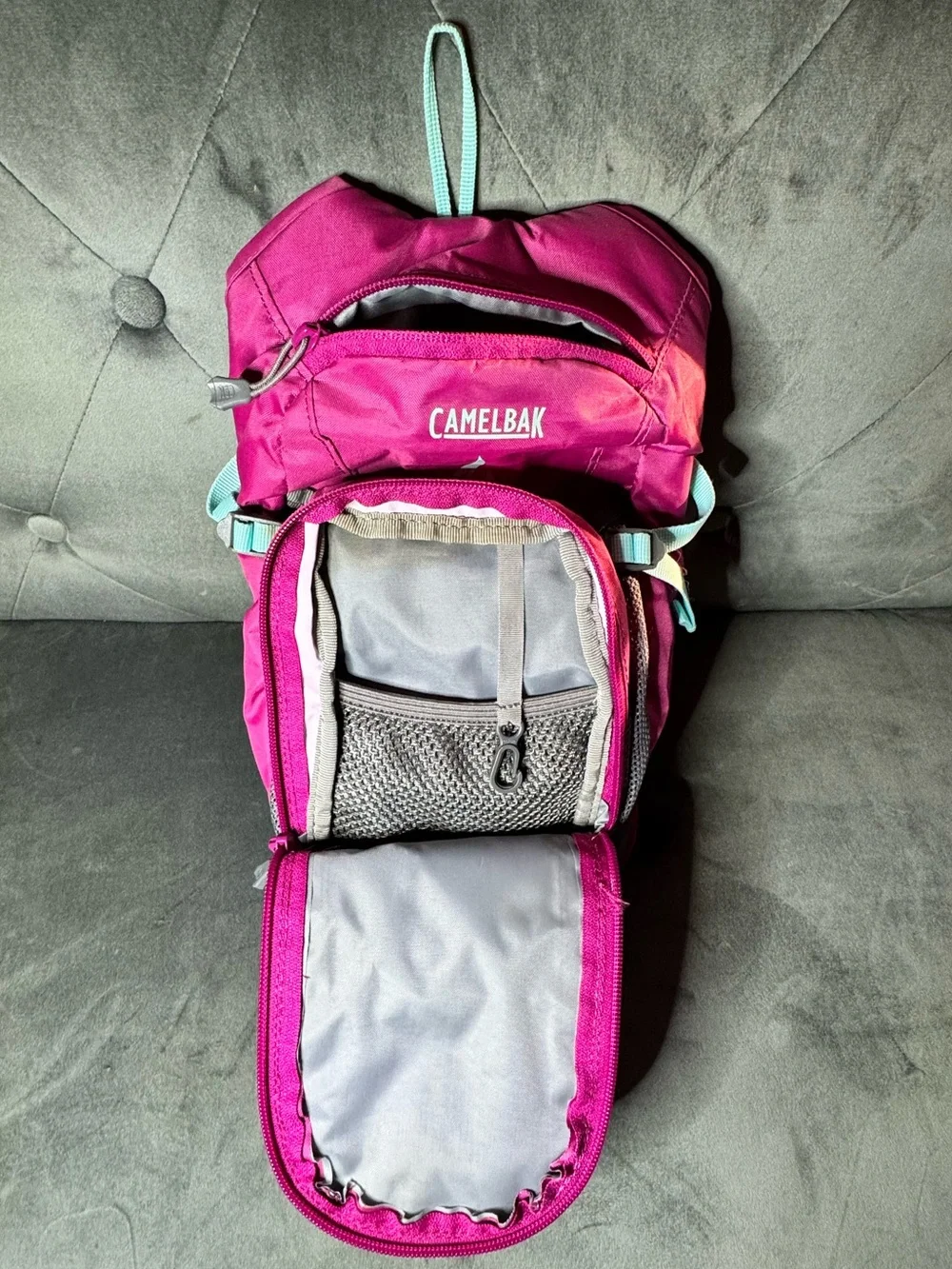 CamelBak Mini M.U.L.E. Kids’ Hydration Pink Backpack with Mint Flame Graphic